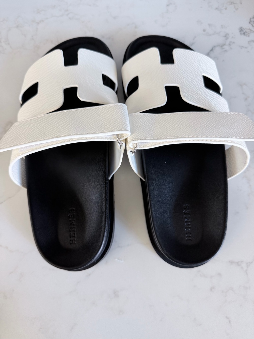 Hermes white Cutout Strap Slide Sandals - Black Footbed size 6 - Picture 2 of 12